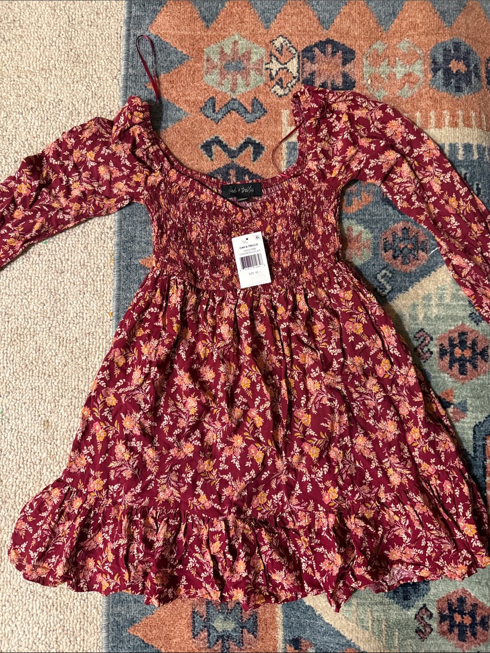 Women's Burgundy Floral Smocked Mini Dress